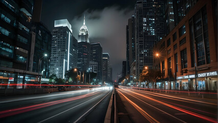 Obraz premium An urban cityscape at night with a shot of light trails from moving vehicles on the street