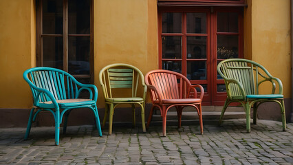 Three vibrant colored plastic chairs lined up against a yellow wall on a cobblestone street