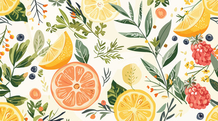 Herbs fruits flowers pattern. Seamless background 