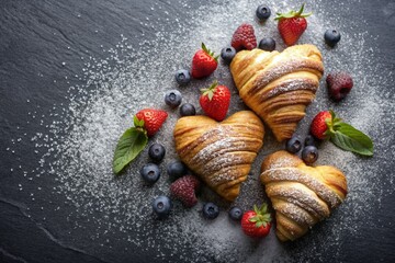 Delicious freshly baked croissants and heart-shaped berries on a dark slate background. French...
