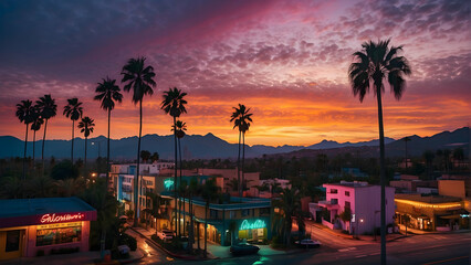 Obraz premium Warm sunset hues bathe palm trees and mid-century buildings in a serene coastal town scene