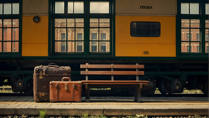 An old train carriage stationed next to a platform with vintage suitcases on a bench