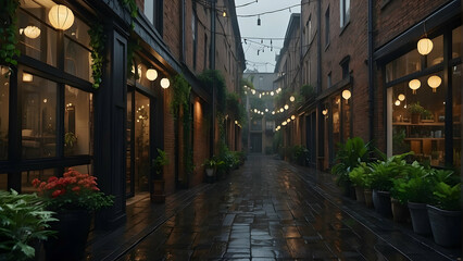Fototapeta premium A picturesque alley adorned with green plants and illuminated by warm lights, reflecting over wet pavement after rain