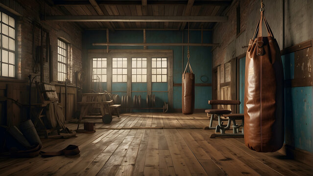 A vintage-style gym with classic boxing equipment, hardwood floors, and aged brick walls, invoking a nostalgic atmosphere