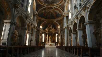 Fototapeta premium Grand image of a church interior featuring rich decorations and an ornate altar highlighting religious art and history