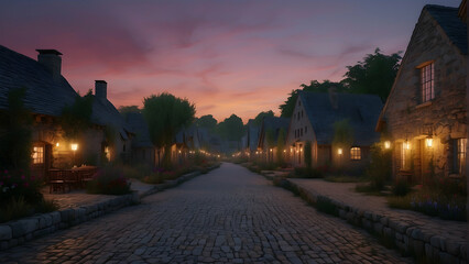 Picture of a romantic village street lined with stone houses and glowing lanterns under a dusk sky