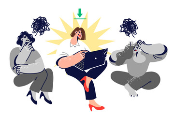 Woman with leadership qualities works with laptop, sitting with two unlucky colleagues