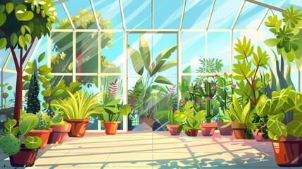 An empty greenhouse filled with plants, trees, and flowers. A modern cartoon interior of an empty greenhouse for cultivation and planting in pots. Botanical nursery for plants.