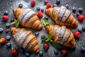 Delicious freshly baked croissants and berries on a dark slate background. French breakfast....