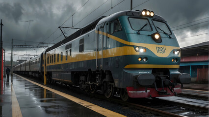 Obraz premium A moody image capturing a sleek blue passenger train at a station under a gloomy, overcast sky, emphasizing a sense of travel and movement