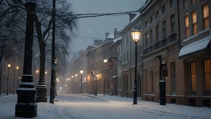 Fototapeta premium A serene winter night with snow covering the streets and vintage street lamps illuminating the way