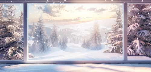 Cozy photo studio room featuring a soft, snowy winter landscape background.