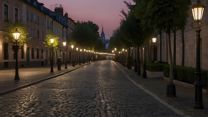 Fototapeta premium Peaceful, deserted street at dusk with illuminated street lamps and a serene sky
