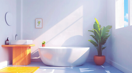 Bathroom with white bathtub and yellow table on one side, plants, window on the side, simple design
