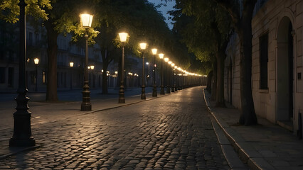 A serene cobblestone street elegantly illuminated by a series of street lamps at night