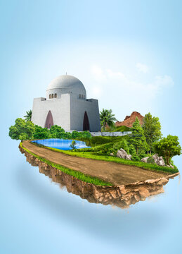 3d illustration of piece of green highway road isolated, creative travel and tourism off-road design trees Tomb Mazar e Quaid founder of Pakistan. unusual illustration