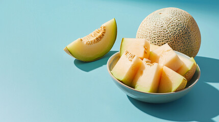 Sweet melons and bowl of pieces on blue background