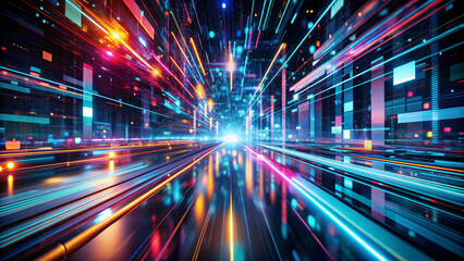 Abstract futuristic technology illustration with glowing light rays bursting in a blue background