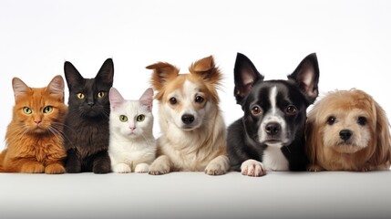 Different dogs and cat breed sitting on floor looking at camera