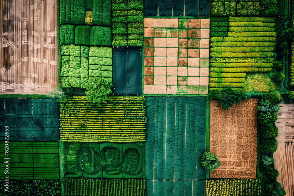 Poster a green field with rows of crops and trees. the field is lush and vibrant, with a sense of abundance