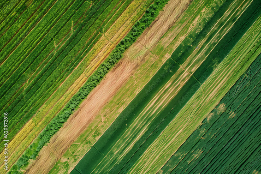 Poster a green field with rows of crops and trees. the field is lush and vibrant, with a sense of abundance