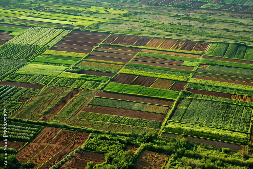 Poster a green field with rows of crops and trees. the field is lush and vibrant, with a sense of abundance