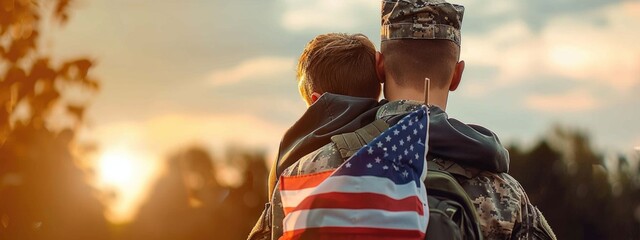 Rear view of military man father carrying happy little son with american flag on shoulders and enjoying sunny day memorial day