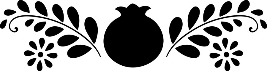 Folk pomegranat floral composition black silhouette. Isolated vector decoration. Use on any background