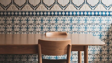 Naklejka premium Empty wood table top and blur vintage ceramic tile pattern wall in background mock up template for display of your product