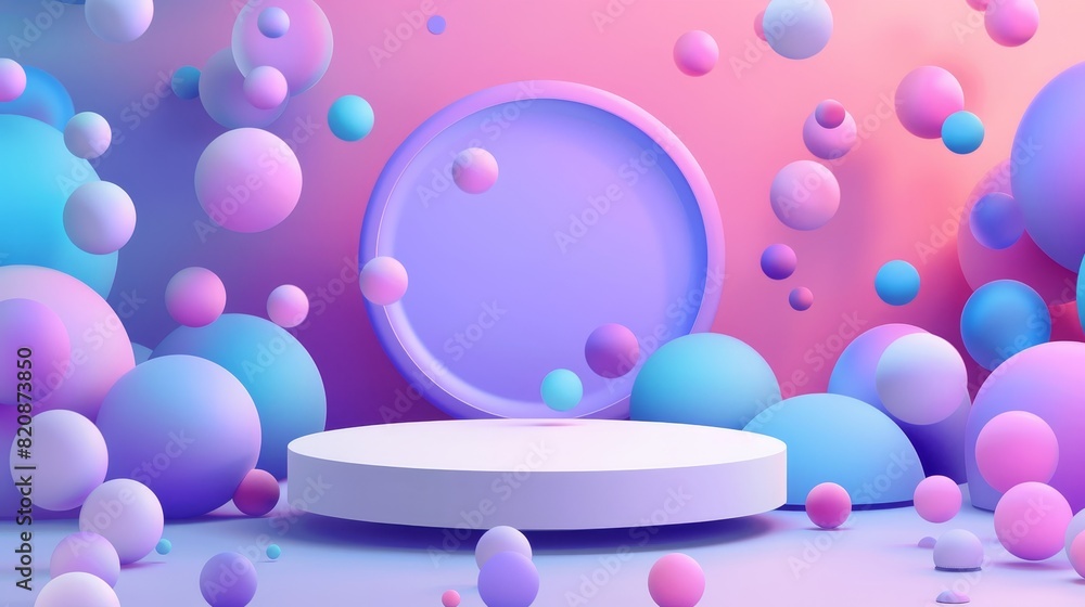 Poster Abstract geometric background with round podium. Modern realistic mockup with 3D circles, spheres and square shapes. Poster template with empty pedestal for displaying products.