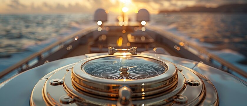 Compass guides amidst azure seas and skies on opulent yacht deck, epitomizing lavish travel experience