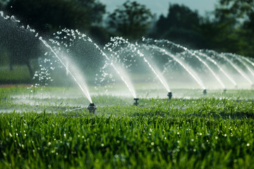 A field of grass with sprinklers in the background