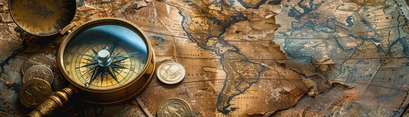 Ancient world map features a compass, magnifying glass, and old coins nearby