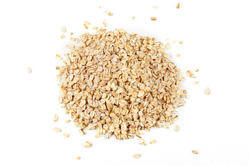 Portion of Raw organic oat flakes isolated on white background. Photography for packaging