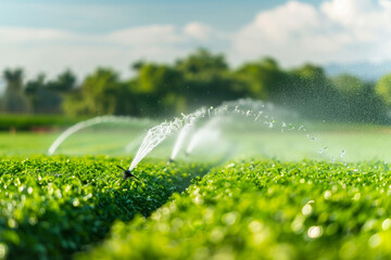 A field of grass with sprinklers in the background