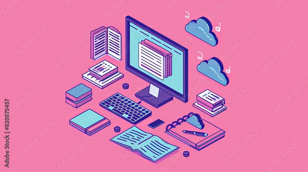 Poster a computer monitor, a virtual cloud, and documents with information. icons in isometric modern forma