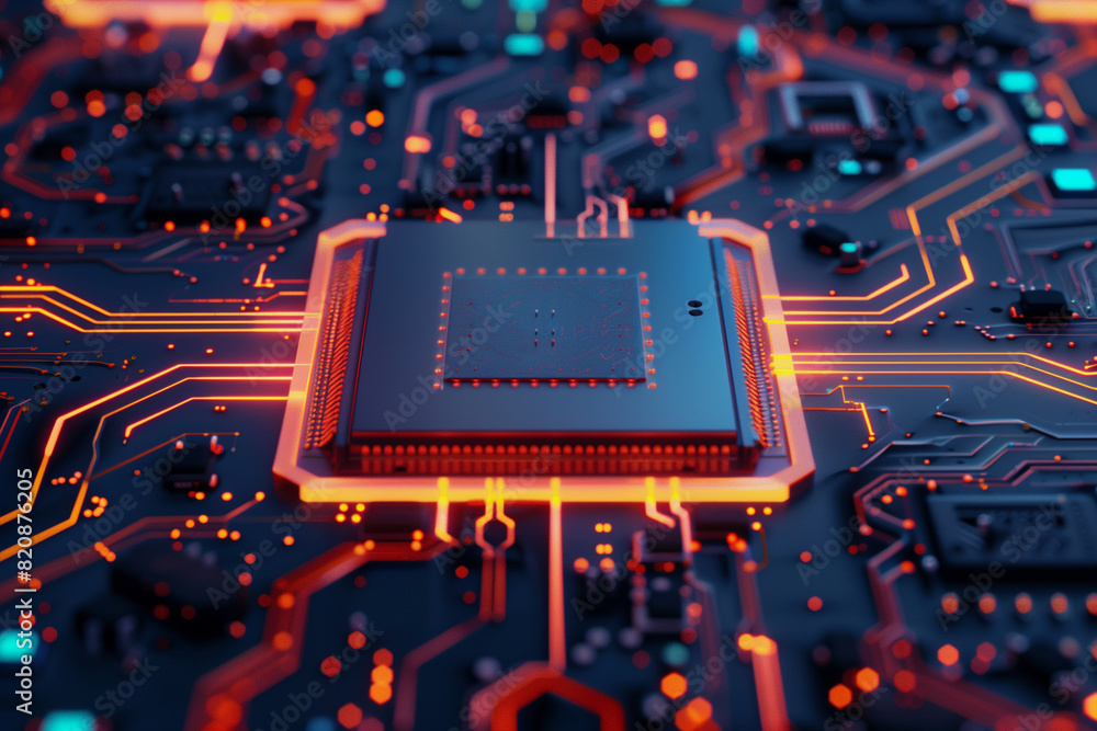 Poster a computer chip is shown in a close up with a lot of glowing lights. concept of technology and innov