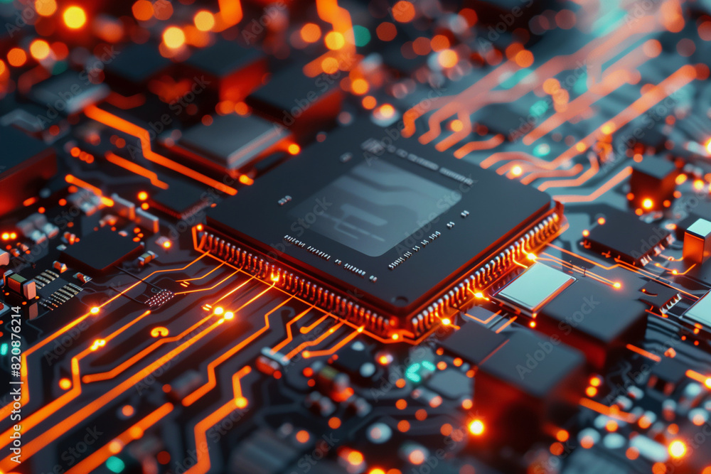 Poster a computer chip is shown in a close up with a lot of glowing lights. concept of technology and innov