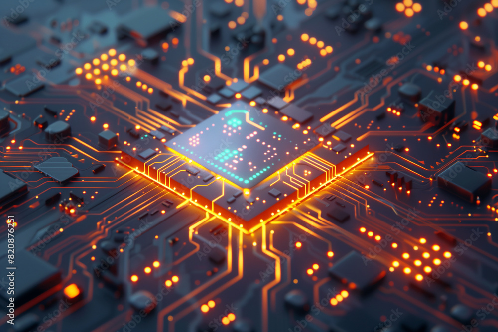 Poster a computer chip is shown in a close up with a lot of glowing lights. concept of technology and innov