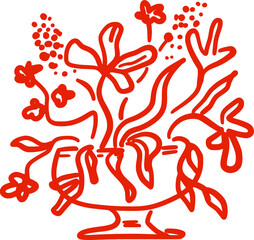 Abstract flowers in a vintage flowerpot. Isolated illustration in red color. A wedding decoration in a whimsical hand-drawn style. Suitable for invitations, posters, textile, greeting cards