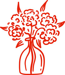 Abstract floral bouquet in a vase. Isolated illustration in red color. Flowers in a whimsical hand-drawn style. Suitable for invitations, posters, textile, greeting cards