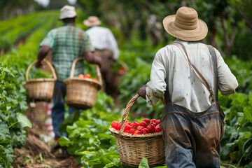 Fototapeta premium A group of people carrying baskets of vegetables. Scene is peaceful and serene, as the people are walking through a lush green field