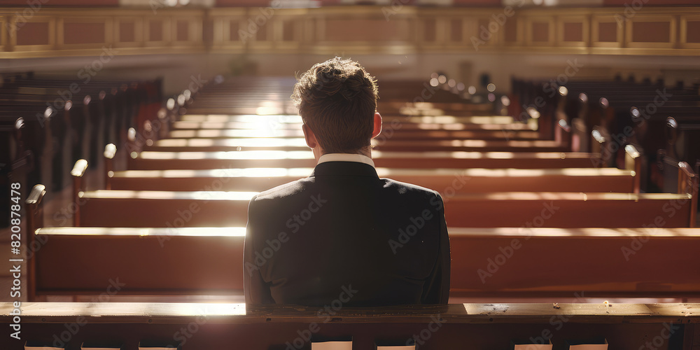 Wall mural Back view of Man sitting alone in empty church and praying, sunlight.