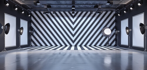Modern photo studio room with a sleek, black and white striped backdrop.