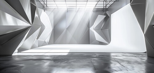 Modern photo studio room with a sleek, monochrome geometric background design.