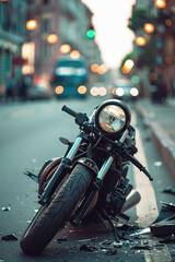 Fototapeta premium Crashed broken motorcycle on city street road. Traffic accident. 