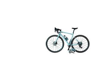 A bicycle is parked on a white background. The bike is silver and has a black seat. There is a helmet on the ground next to the bike.On transparent background. Generative ai illustration.