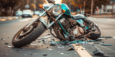 Crashed broken motorcycle on city street road. Traffic accident. 