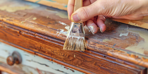 Repainting old furniture. A hand with a brush paints paint on wooden furniture.