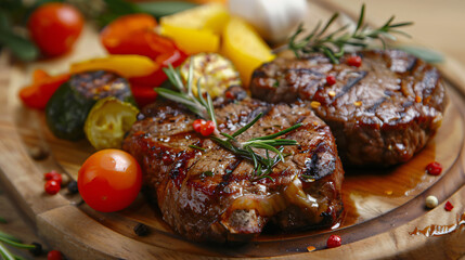 Tasty beef with vegetables on color wooden background